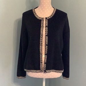 Christopher and Banks black button up sweater with leopard print trim. L